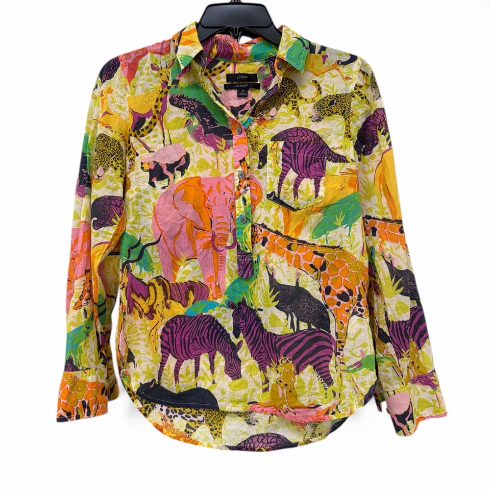 J. Crew Ratti Safari Animal Print Popover Shirt Women 0 Yellow Cotton Blouse - Picture 2 of 8